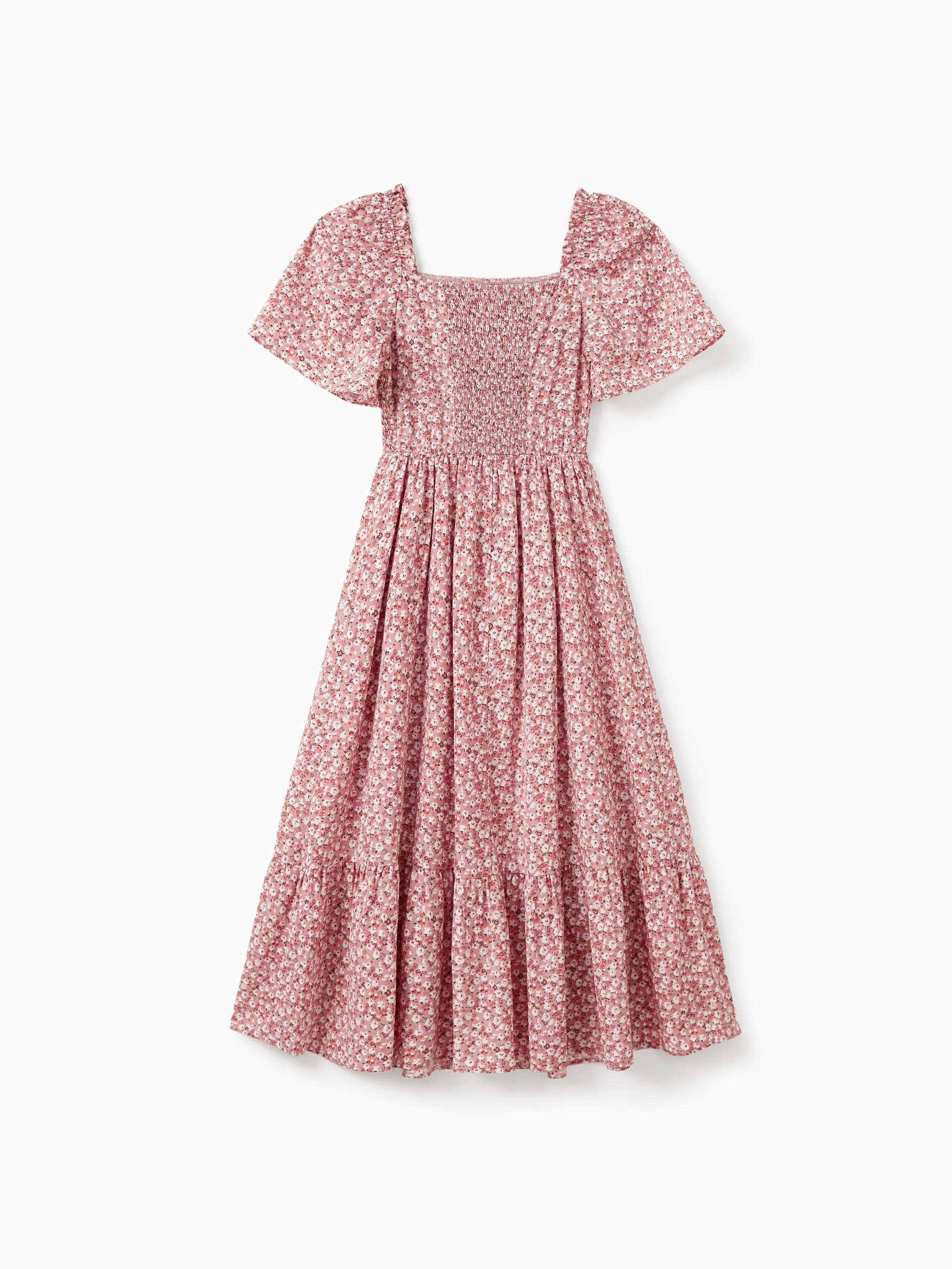 Family Matching Blue Cotton Colorblock Tee Shirt or Floral Print Smocking Puff-sleeve Dress Set  Pink - Image 3