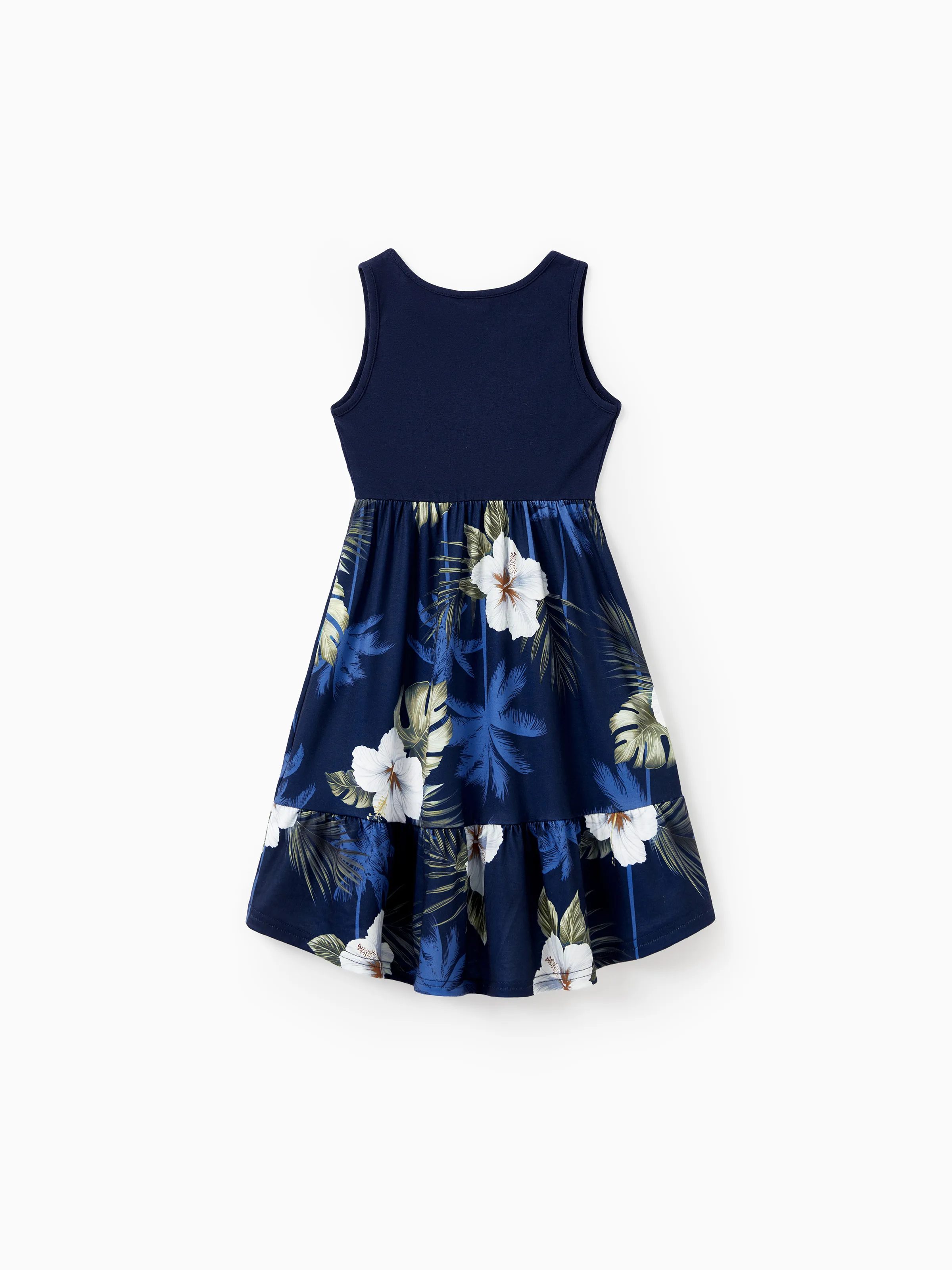 Family Matching Floral Print Cotton Top Short-sleeve Shirt or Splicing Sleeveless Tank Dress Deep Blue - Image 8