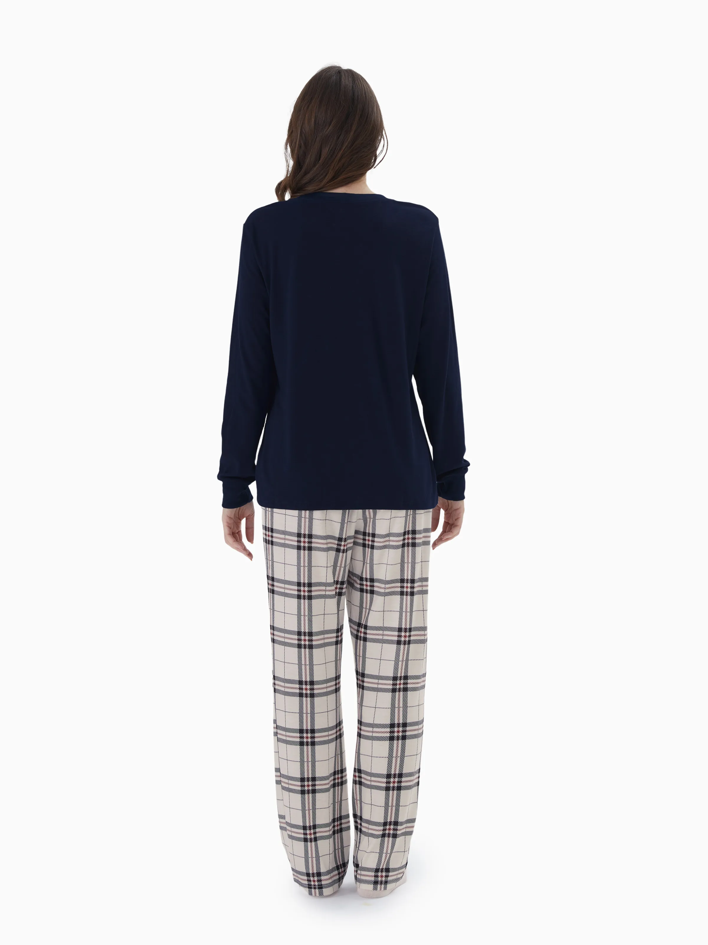 Family Matching School Grid Letter Print Patch Long Sleeve Pajamas Sets Blue - Image 3