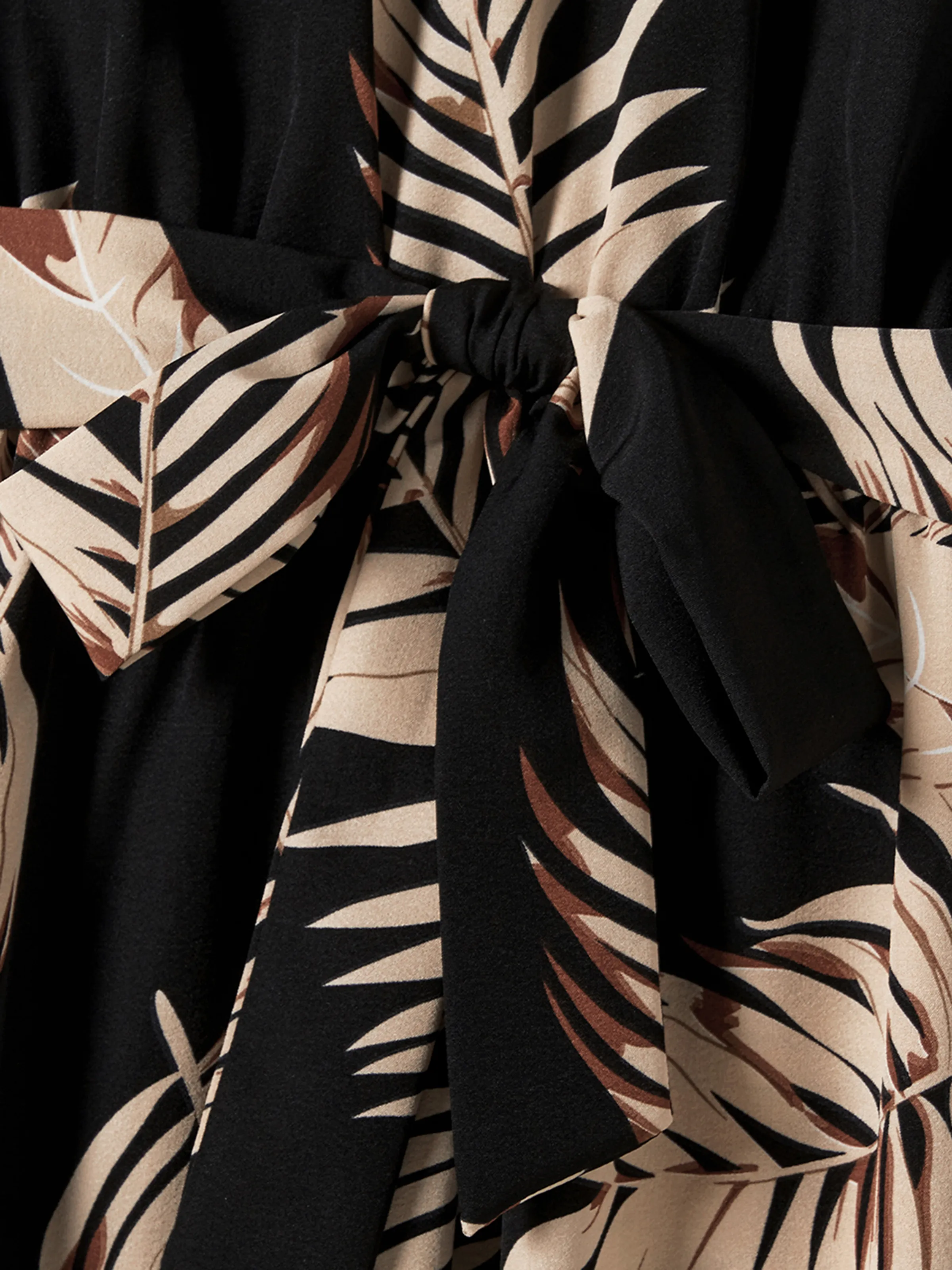Family Matching Solid Leaf Sleeveless Halter Dresses And Short Sleeve Tops Sets Black - Image 5