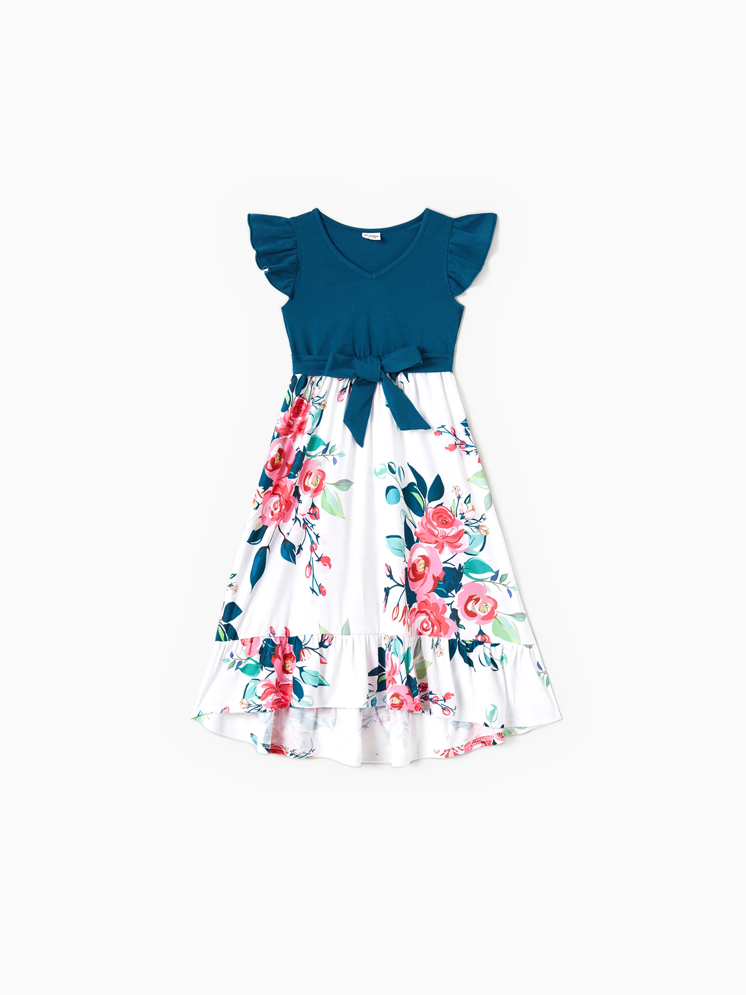 Family Matching Solid V Neck Flutter-sleeve Splicing Floral Print Dresses and Short-sleeve Colorblock T-shirts Sets Azure- - Image 8